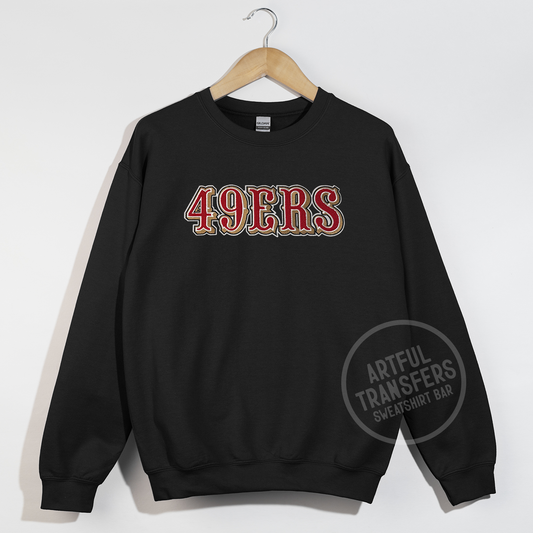 49ERS Chenille Patch on Black Crewneck Sweatshirt