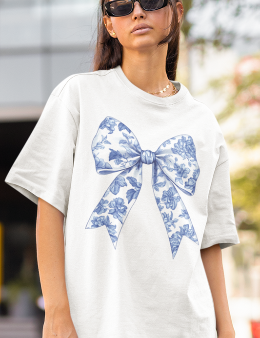 Bow with Blue Chinoiserie Pattern - DTF Transfer