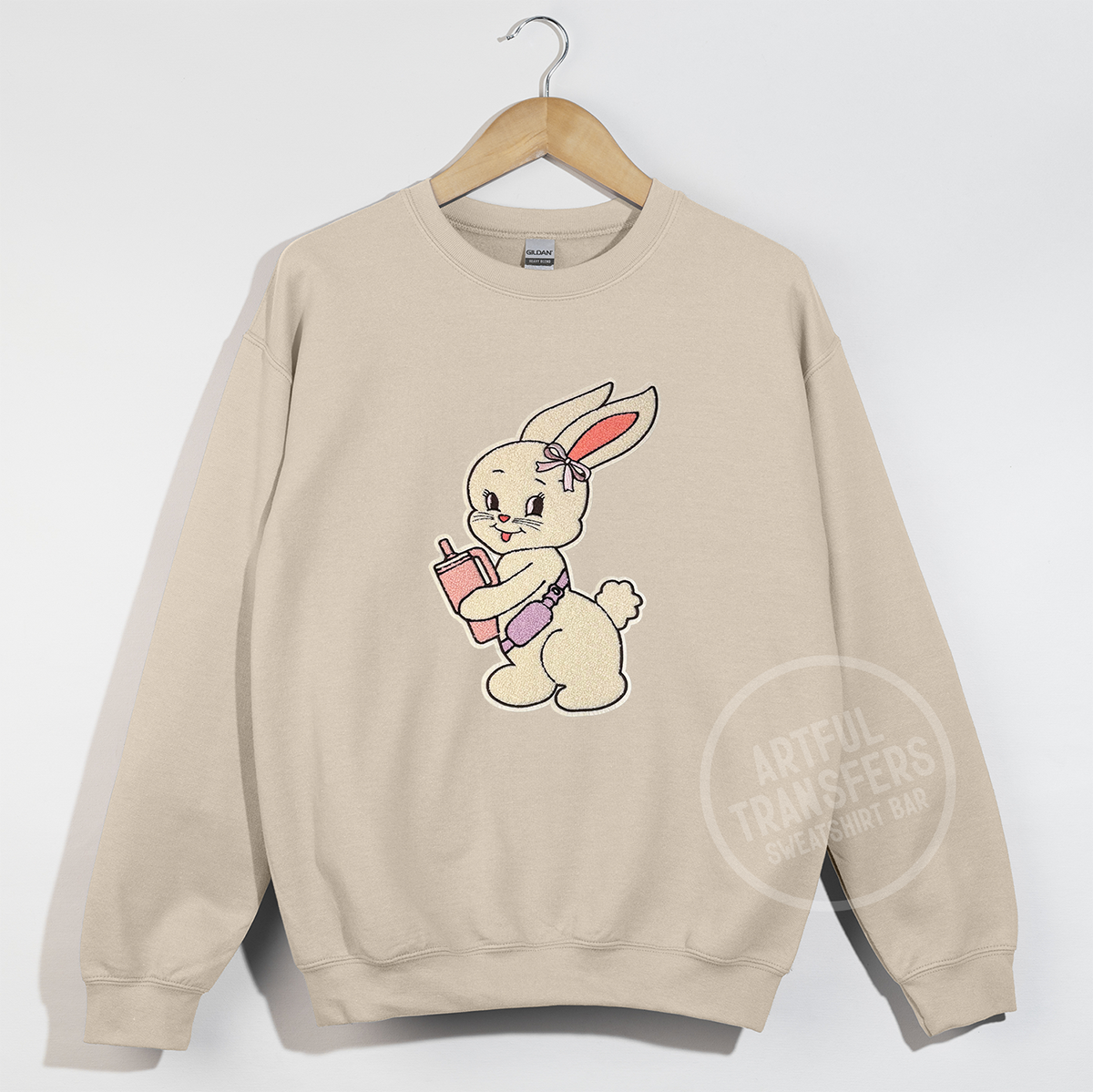 Bunny with Crossbody & Tumbler Chenille Patch on Sand Crewneck Sweatshirt
