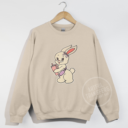 Bunny with Crossbody & Tumbler Chenille Patch on Sand Crewneck Sweatshirt