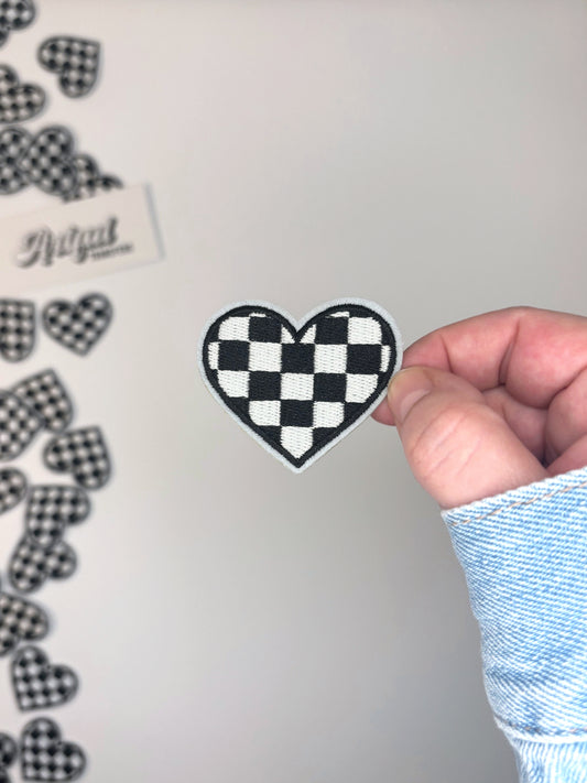 Checkered Heart in Black & White - Iron-on Patch