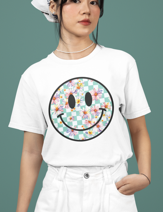 Checkered Smiley with Flowers - DTF Transfer