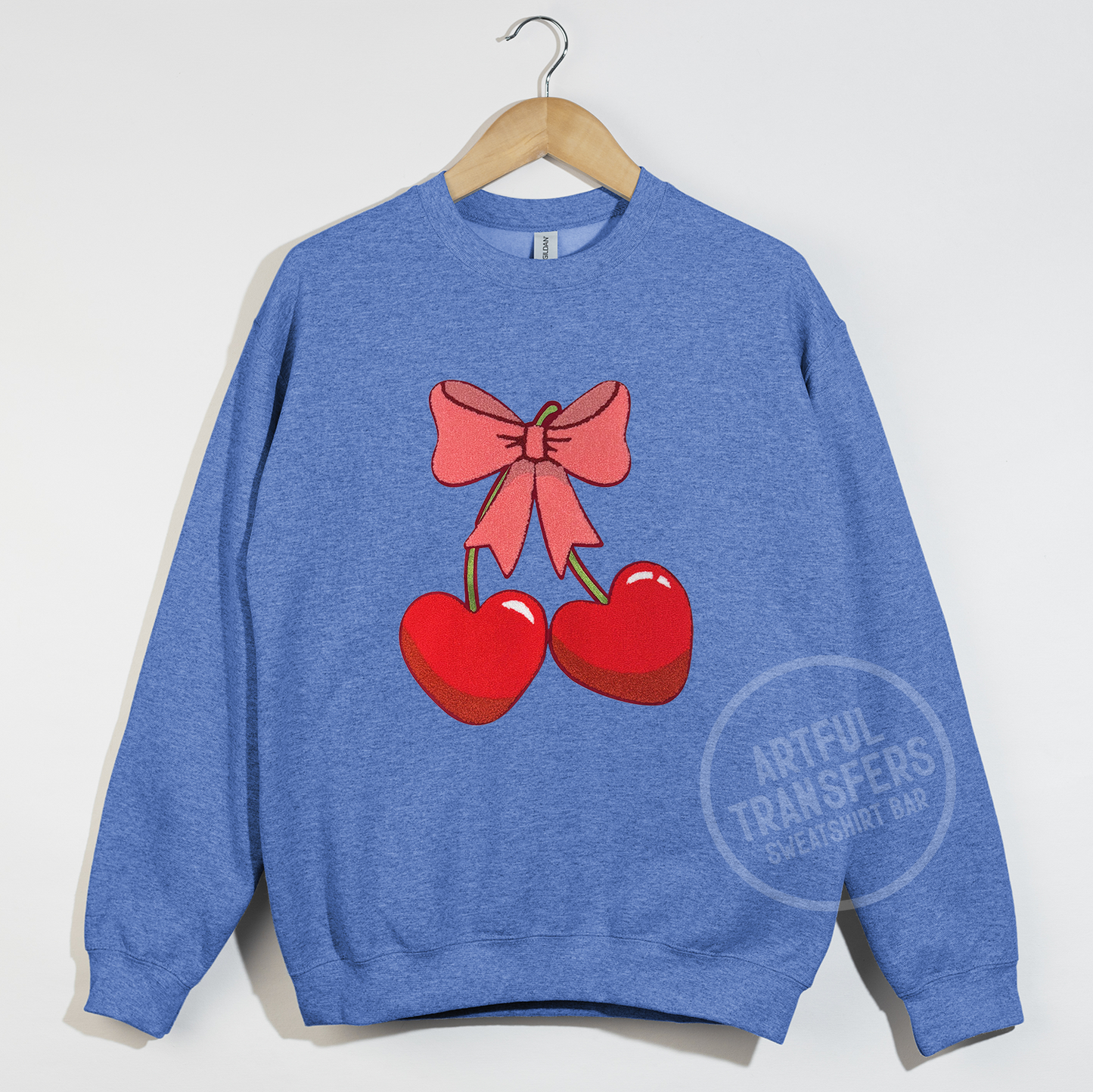 Cherry Hearts Chenille Patch on Heather Sport Royal Crewneck Sweatshirt