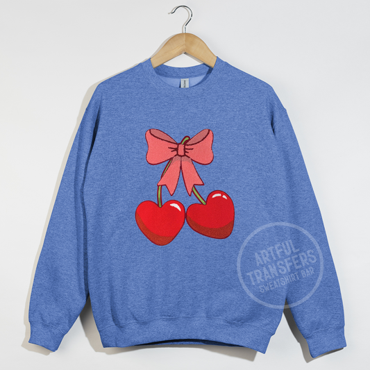 Cherry Hearts Chenille Patch on Heather Sport Royal Crewneck Sweatshirt