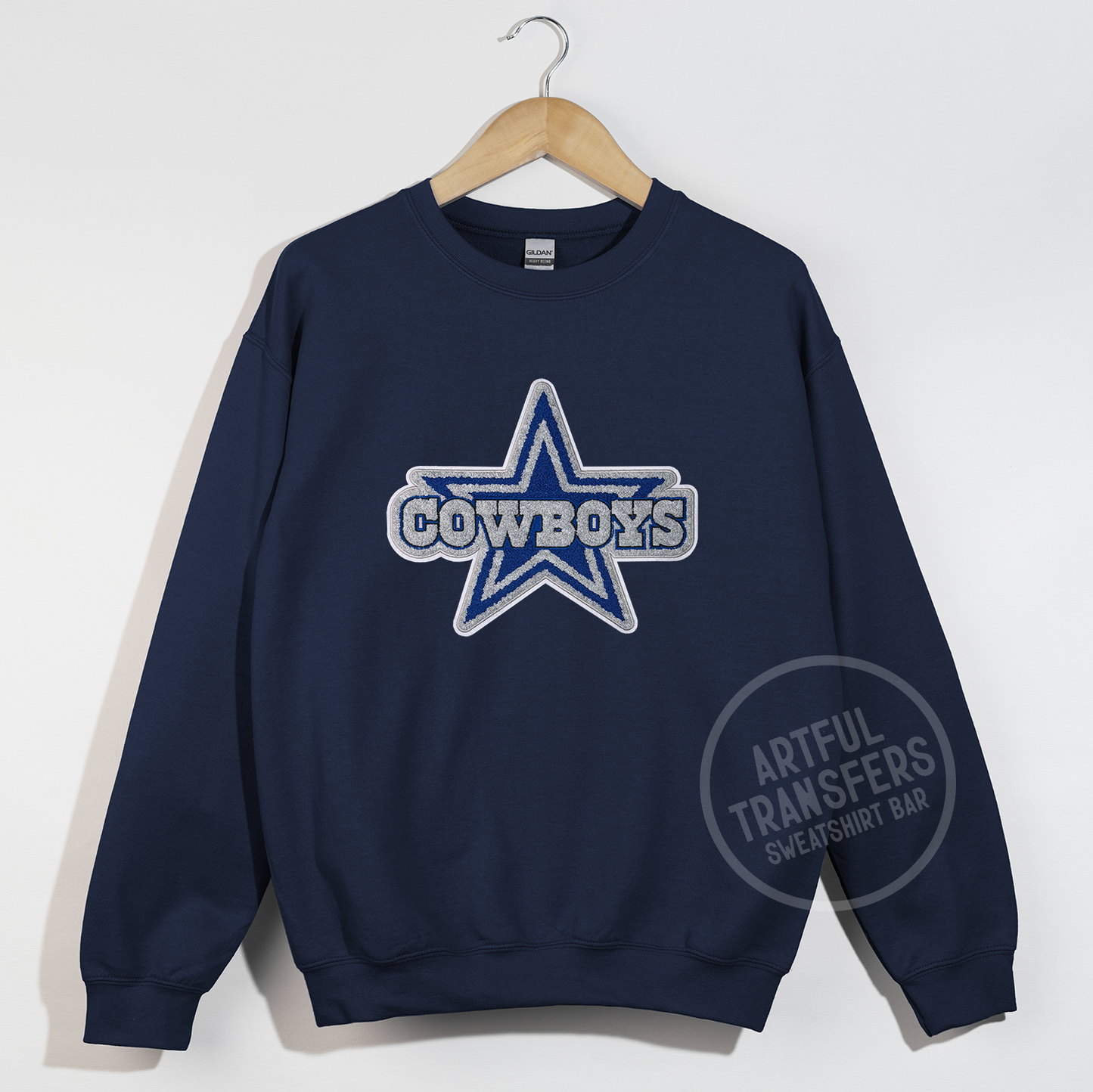 Dallas Cowboys Chenille Patch on Navy Crewneck Sweatshirt