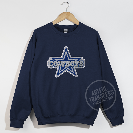 Dallas Cowboys Chenille Patch on Navy Crewneck Sweatshirt