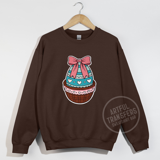 Easter Egg with Pink Bow Chenille Patch on Dark Chocolate Crewneck Sweatshirt