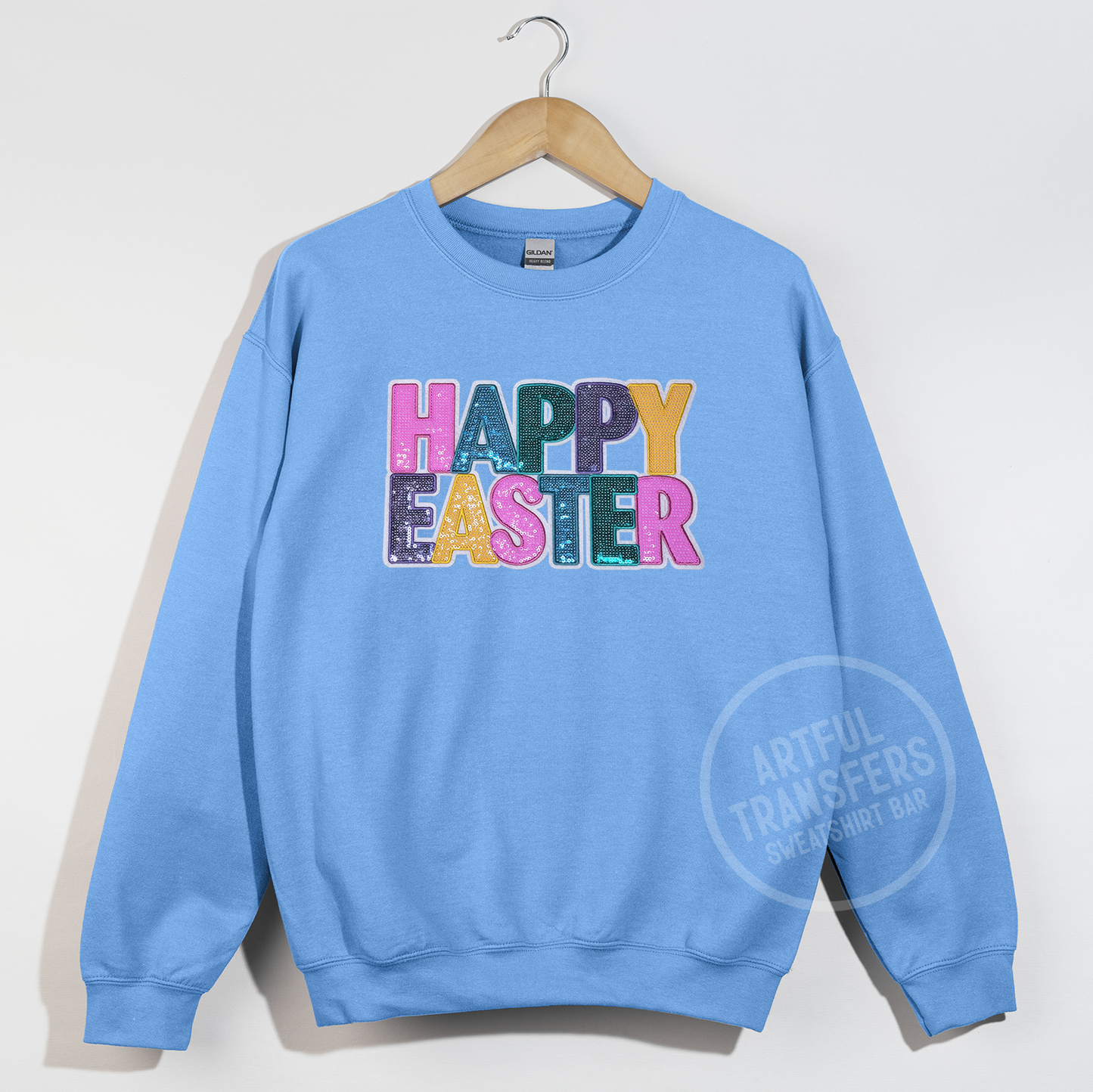 Happy Easter Sequins Patch on Carolina Blue Crewneck Sweatshirt