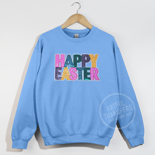 Happy Easter Sequins Patch on Carolina Blue Crewneck Sweatshirt