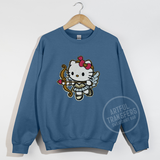 Hello Kitty Cupid Chenille Patch on Indigo Blue Crewneck Sweatshirt