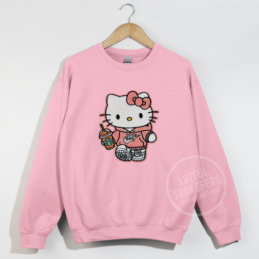 Hello Kitty with Cup & Sweatshirt Chenille Patch on Light Pink Crewneck Sweatshirt