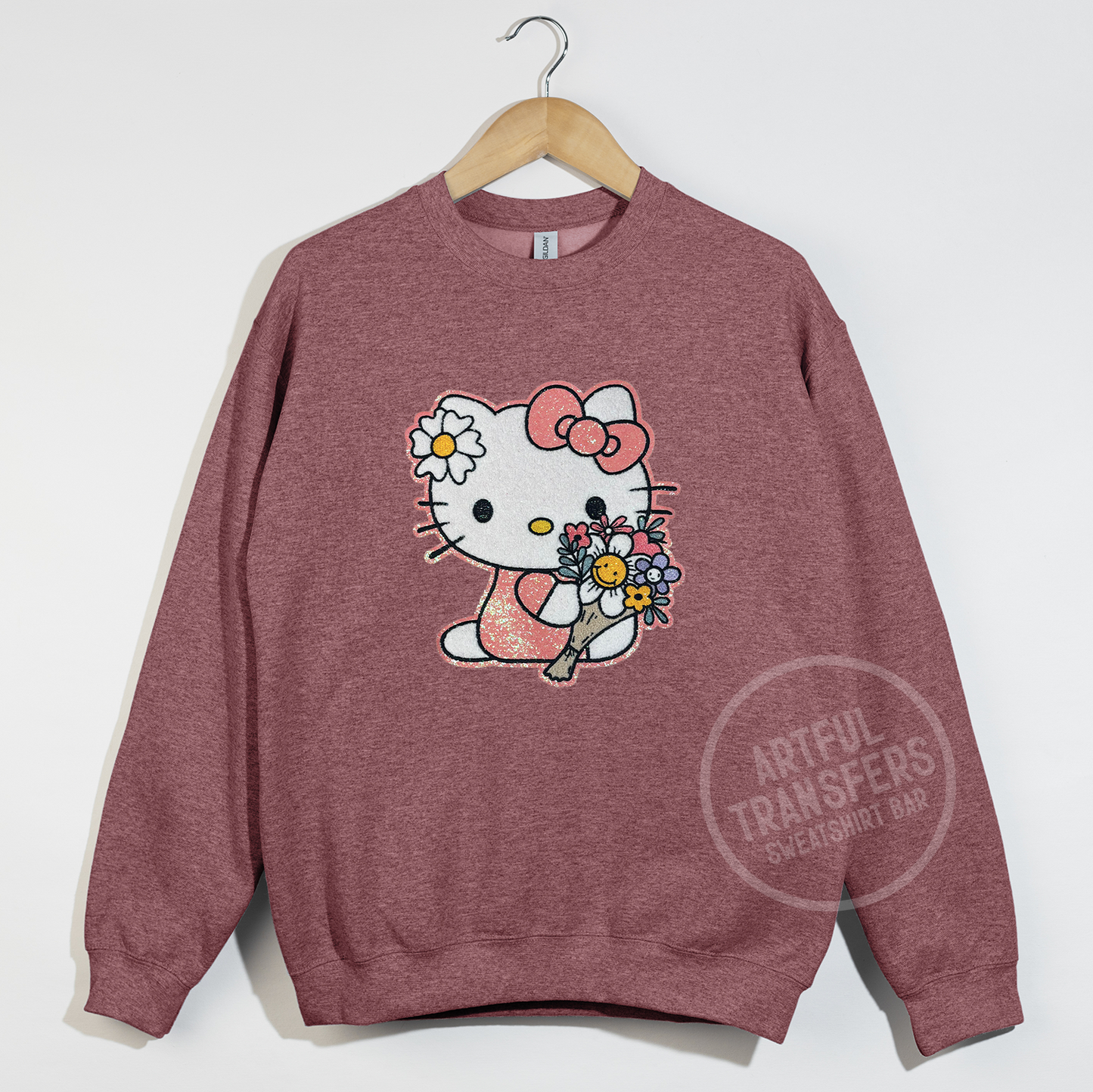 Hello Kitty with Flower Bouquet Chenille Patch on Heather Sport Dark Maroon Crewneck Sweatshirt
