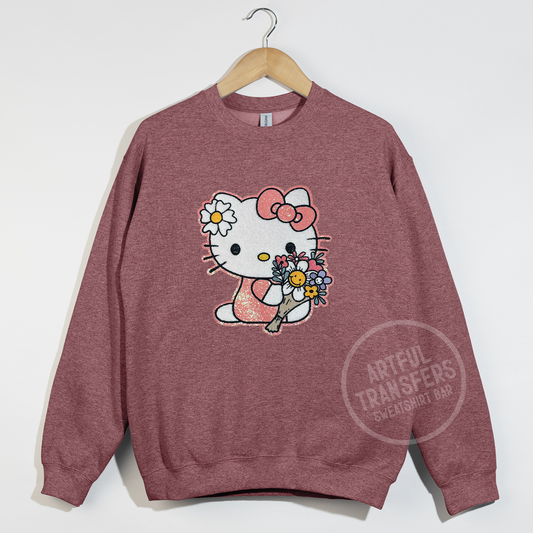 Hello Kitty with Flower Bouquet Chenille Patch on Heather Sport Dark Maroon Crewneck Sweatshirt