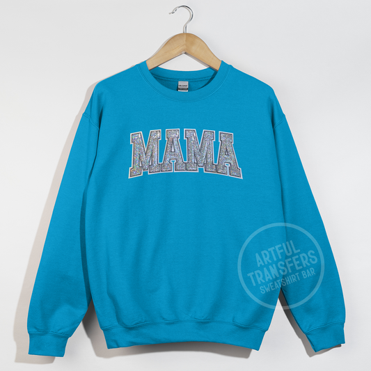 Iridescent Mama Patch on Sapphire Crewneck Sweatshirt