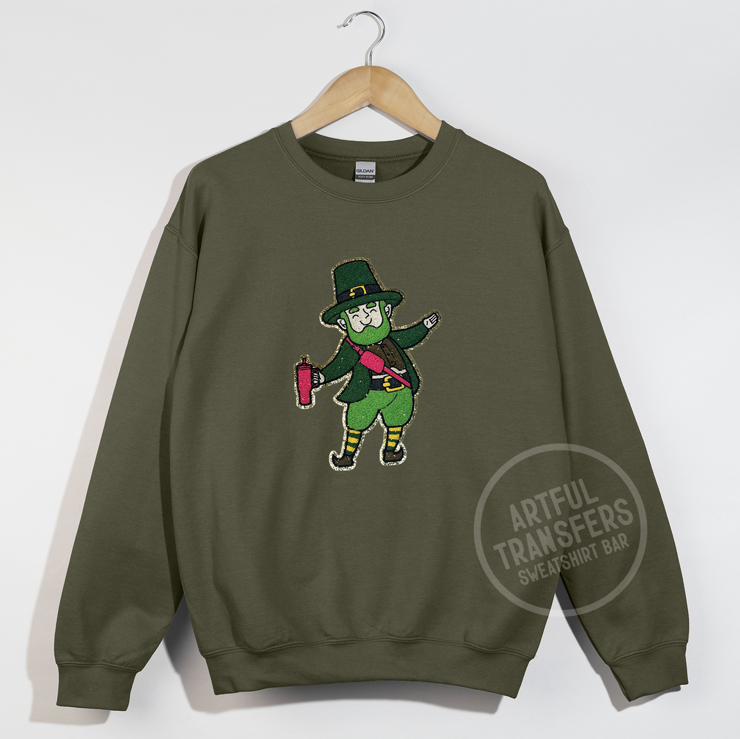 Leprechaun with Crossbody & Tumbler on Military Green Crewneck Sweatshirt