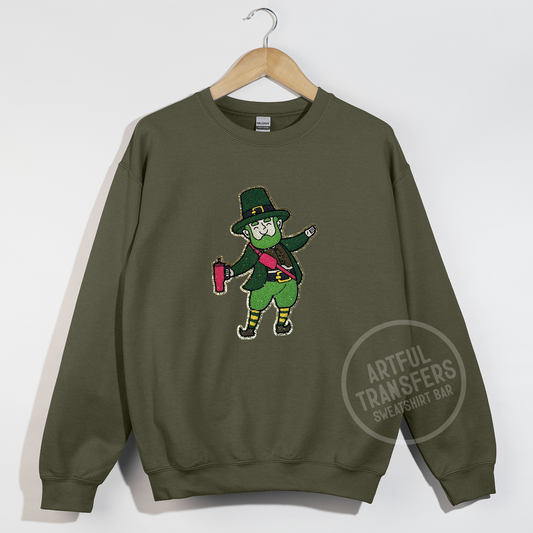 Leprechaun with Crossbody & Tumbler on Military Green Crewneck Sweatshirt