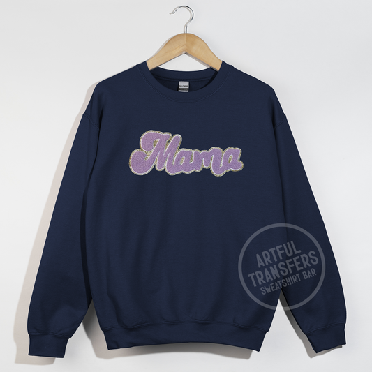 Mama in Lilac & Gold Patch on Navy Crewneck Sweatshirt