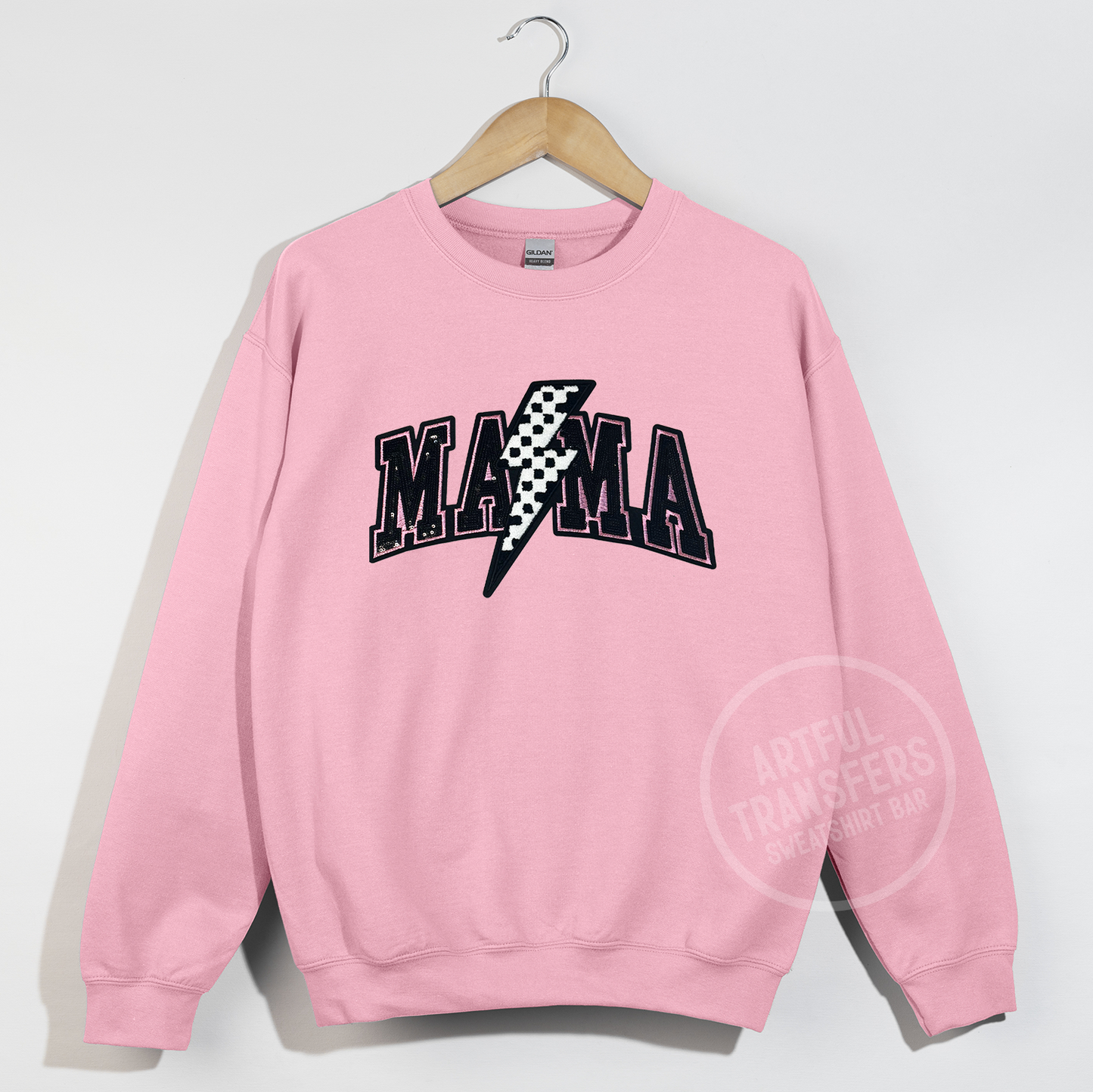 Mama with Checkered Bolt Sequins Patch on Light Pink Crewneck Sweatshirt
