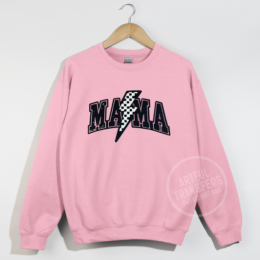 Mama with Checkered Bolt Sequins Patch on Light Pink Crewneck Sweatshirt