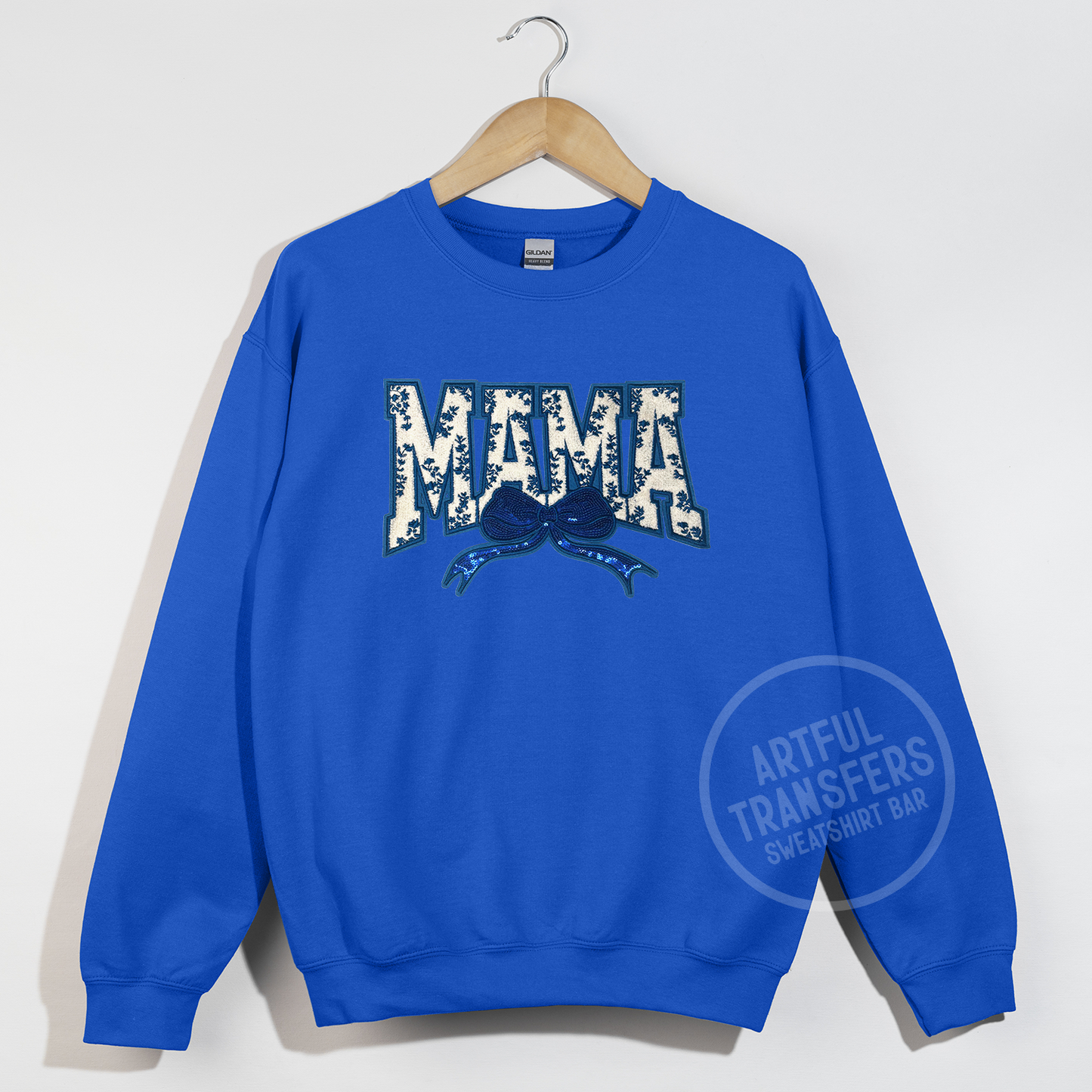 Mama in Blue Chinoiserie Chenille Patch on Royal Crewneck Sweatshirt