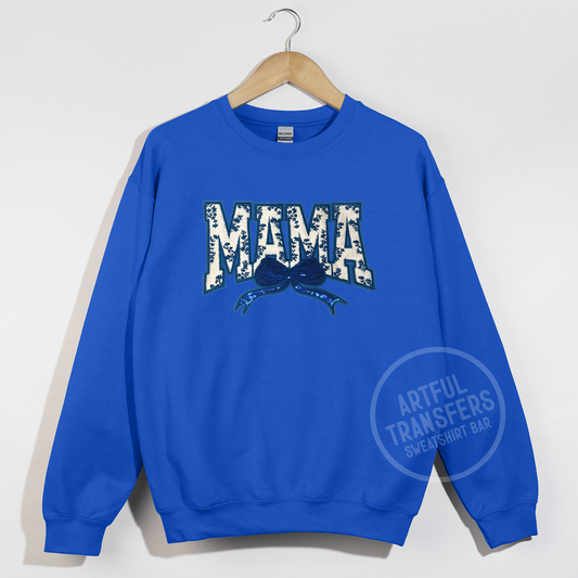 Mama in Blue Chinoiserie Chenille Patch on Royal Crewneck Sweatshirt
