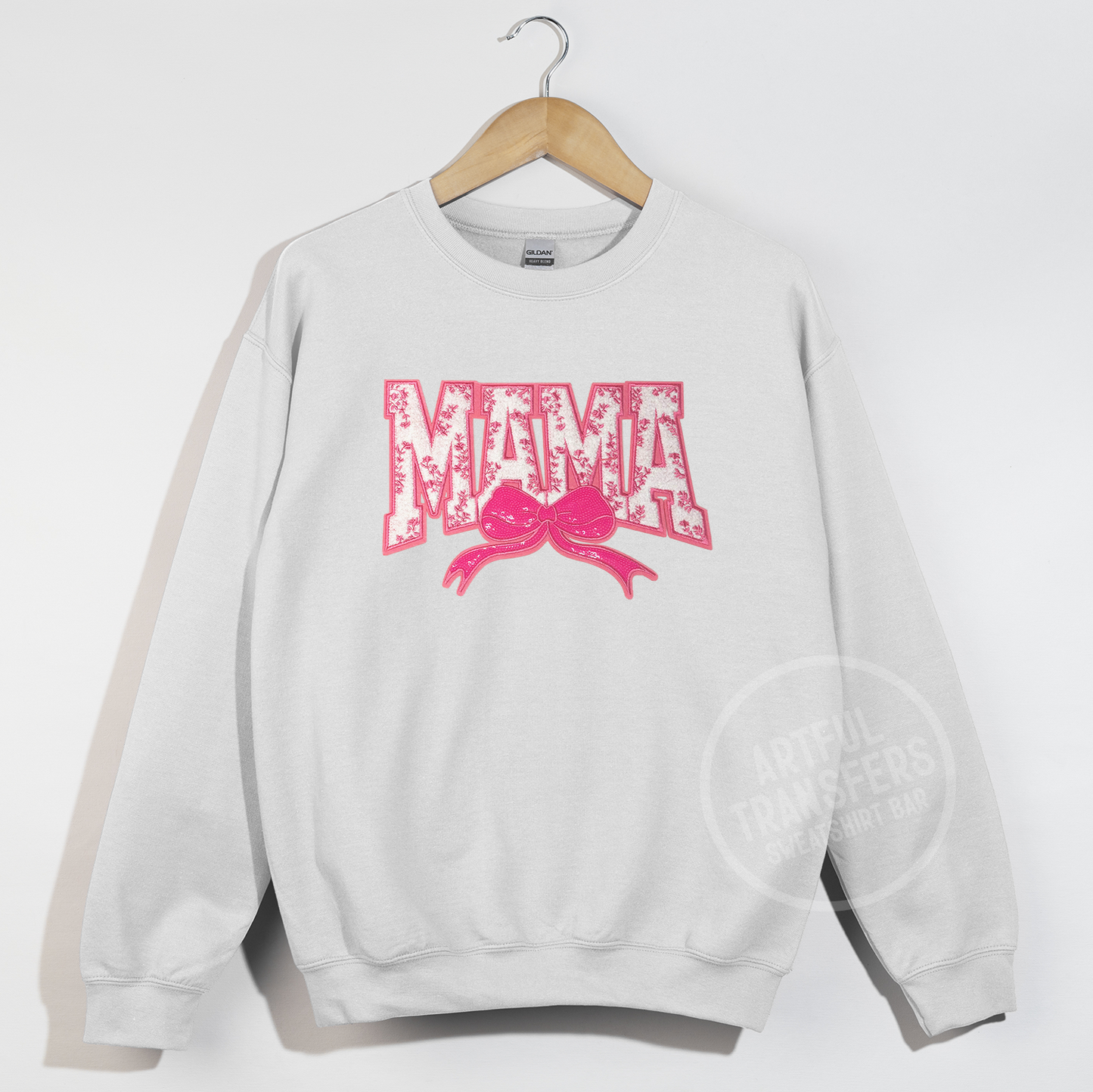Mama in Pink Chinoiserie Chenille Patch on White Crewneck Sweatshirt