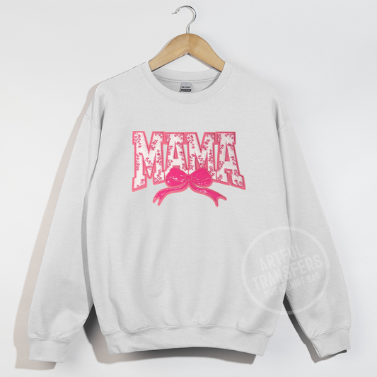 Mama in Pink Chinoiserie Chenille Patch on White Crewneck Sweatshirt