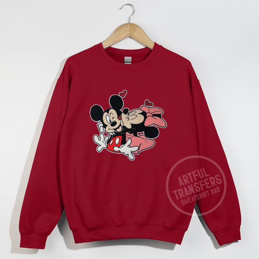 Mickey Minnie Valentine's Chenille Patch on Cardinal Red Crewneck Sweatshirt
