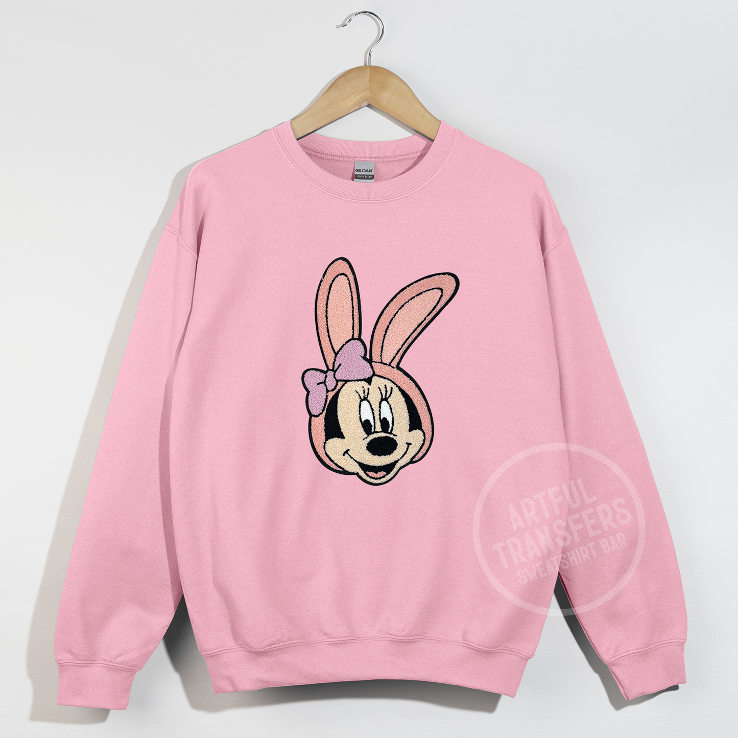 Minnie with Bunny Ears Chenille Patch on Light Pink Crewneck Sweatshirt