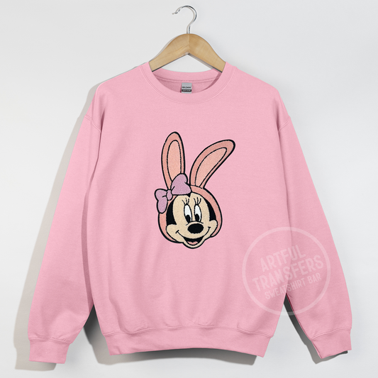 Minnie with Bunny Ears Chenille Patch on Light Pink Crewneck Sweatshirt