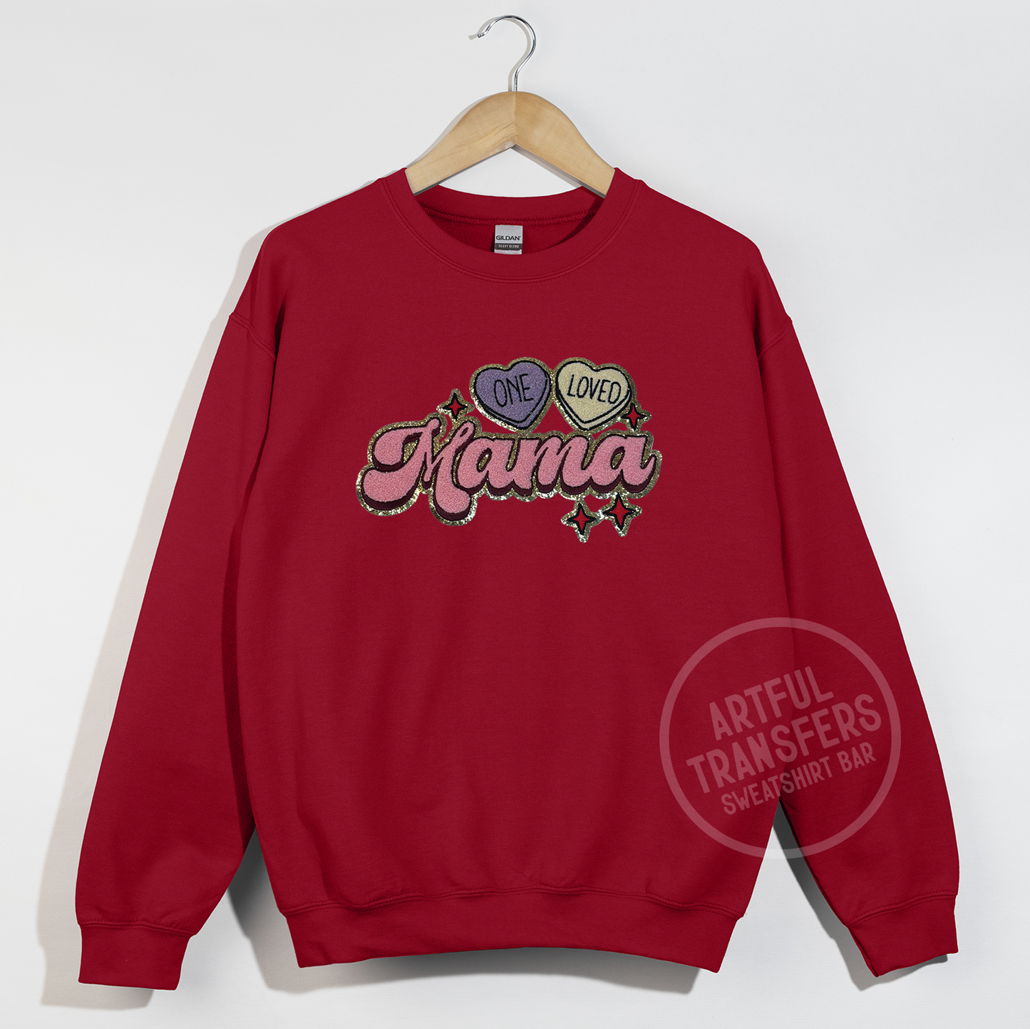 One Loved Mama Chenille Patch on Cardinal Red Crewneck Sweatshirt