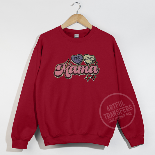 One Loved Mama Chenille Patch on Cardinal Red Crewneck Sweatshirt