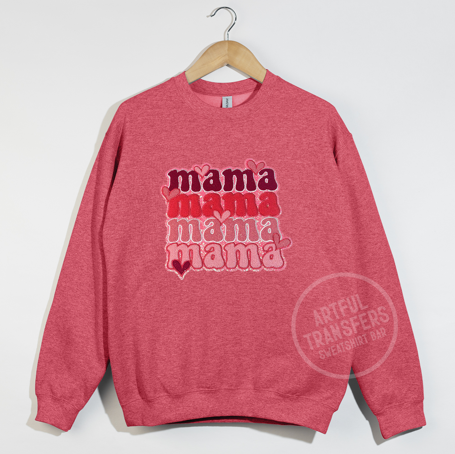 Pink Repeated Mama Chenille Patch on Heather Sport Scarlett Red Crewneck Sweatshirt