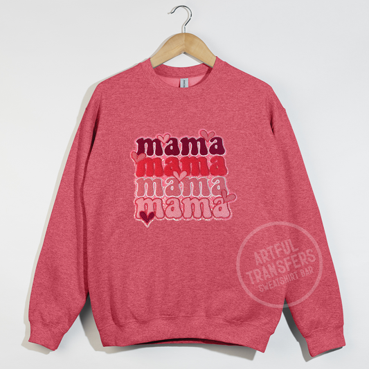 Pink Repeated Mama Chenille Patch on Heather Sport Scarlett Red Crewneck Sweatshirt