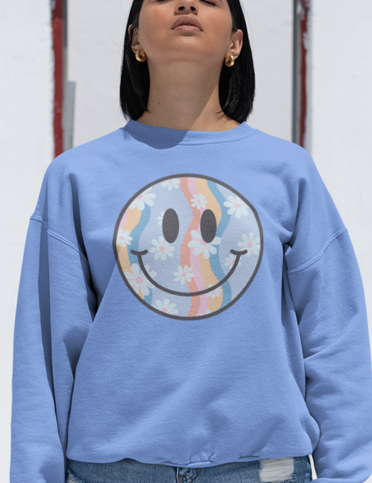 Smiley with Colorful Wavy Pattern & Flowers - DTF Transfer