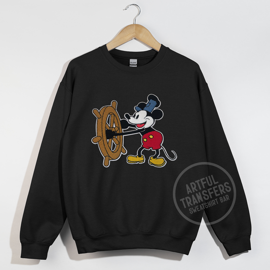 Steamboat Willie Chenille Patch on Black Crewneck Sweatshirt