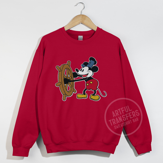 Steamboat Willie Chenille Patch on Cherry Red Crewneck Sweatshirt