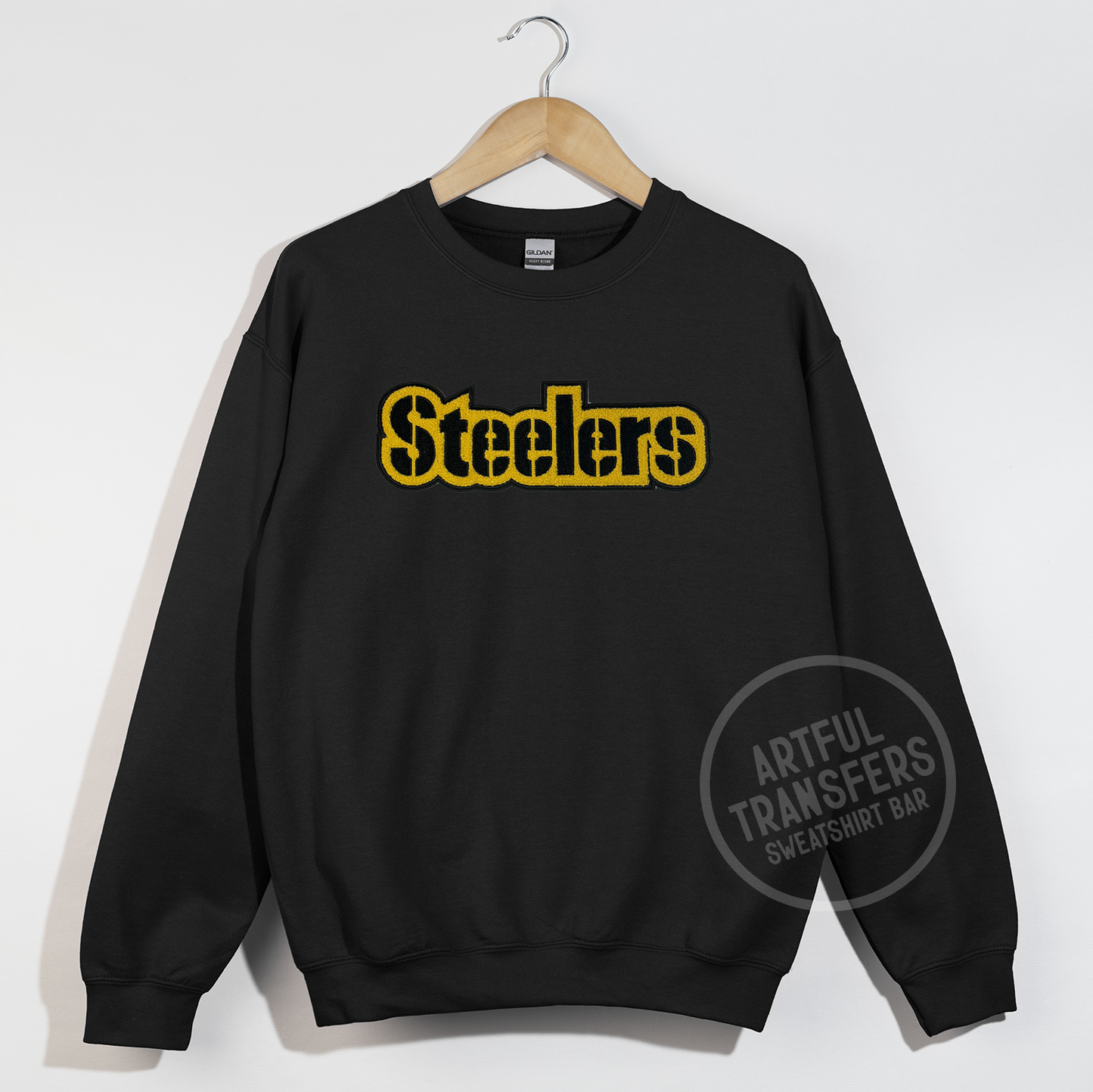 Steelers Chenille Patch on Black Crewneck Sweatshirt