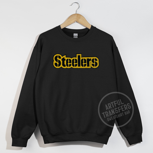 Steelers Chenille Patch on Black Crewneck Sweatshirt