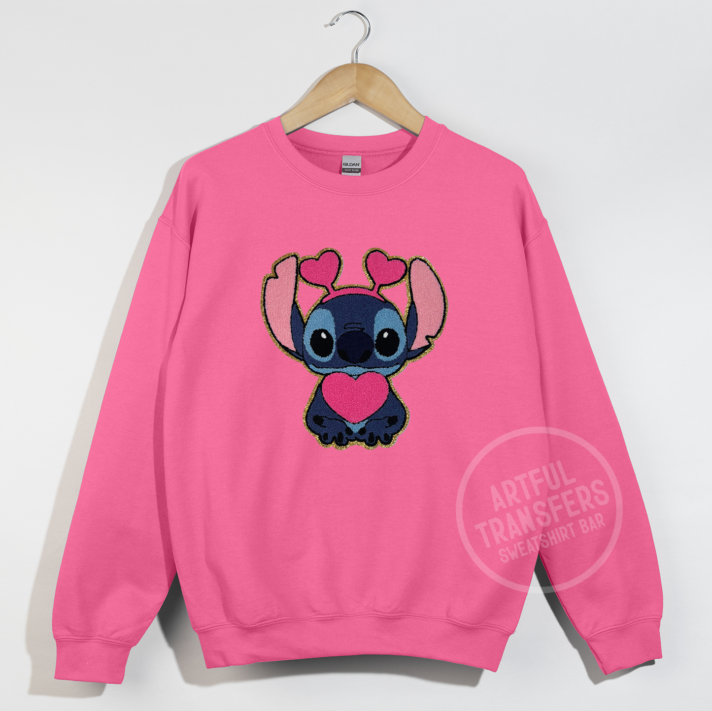 Stitch with Pink Heart Chenille Patch on Heliconia Crewneck Sweatshirt