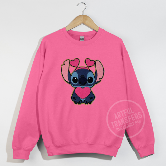 Stitch with Pink Heart Chenille Patch on Heliconia Crewneck Sweatshirt