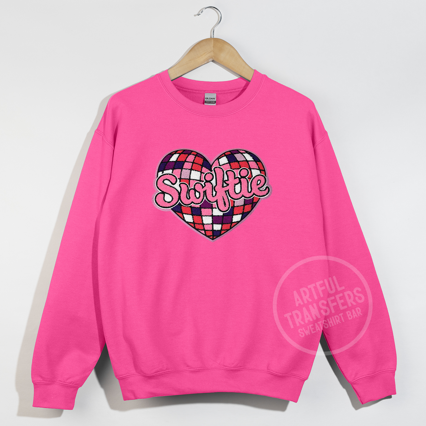 Swiftie Chenille Patch on Safety Pink Crewneck Sweatshirt