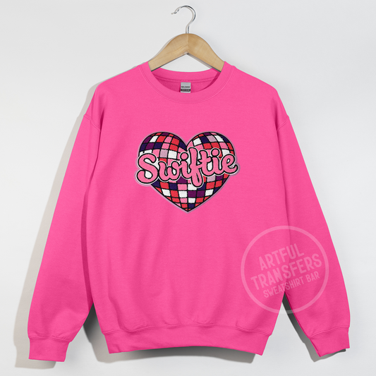 Swiftie Chenille Patch on Safety Pink Crewneck Sweatshirt