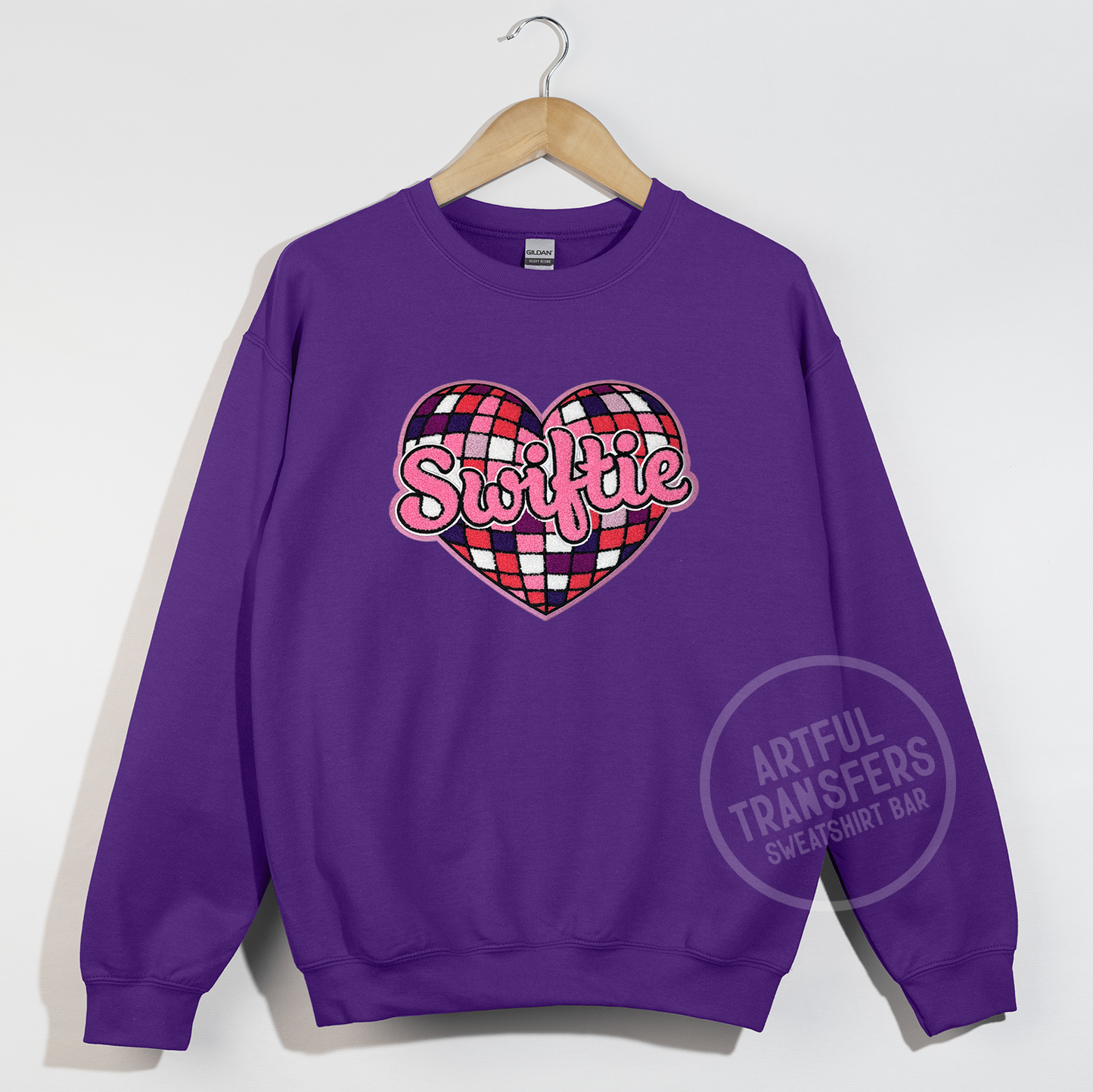 Swiftie Chenille Patch on Purple Crewneck Sweatshirt
