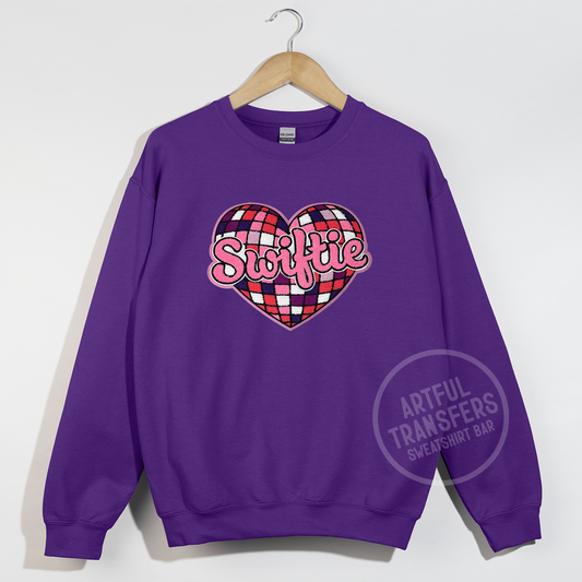 Swiftie Chenille Patch on Purple Crewneck Sweatshirt
