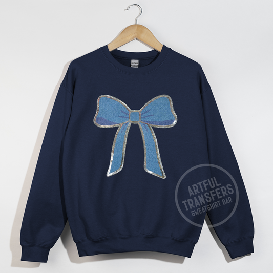 The Blue Bow Chenille Patch on Navy Crewneck Sweatshirt