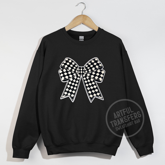 The Checkered Bow Chenille Patch on Black Crewneck Sweatshirt