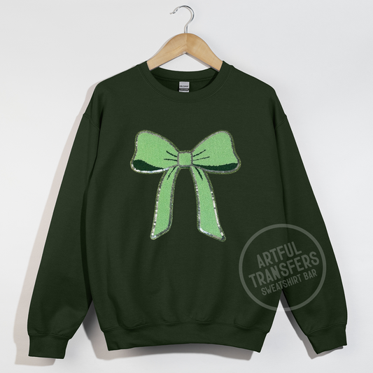 The Green Bow Chenille Patch on Forest Green Crewneck Sweatshirt