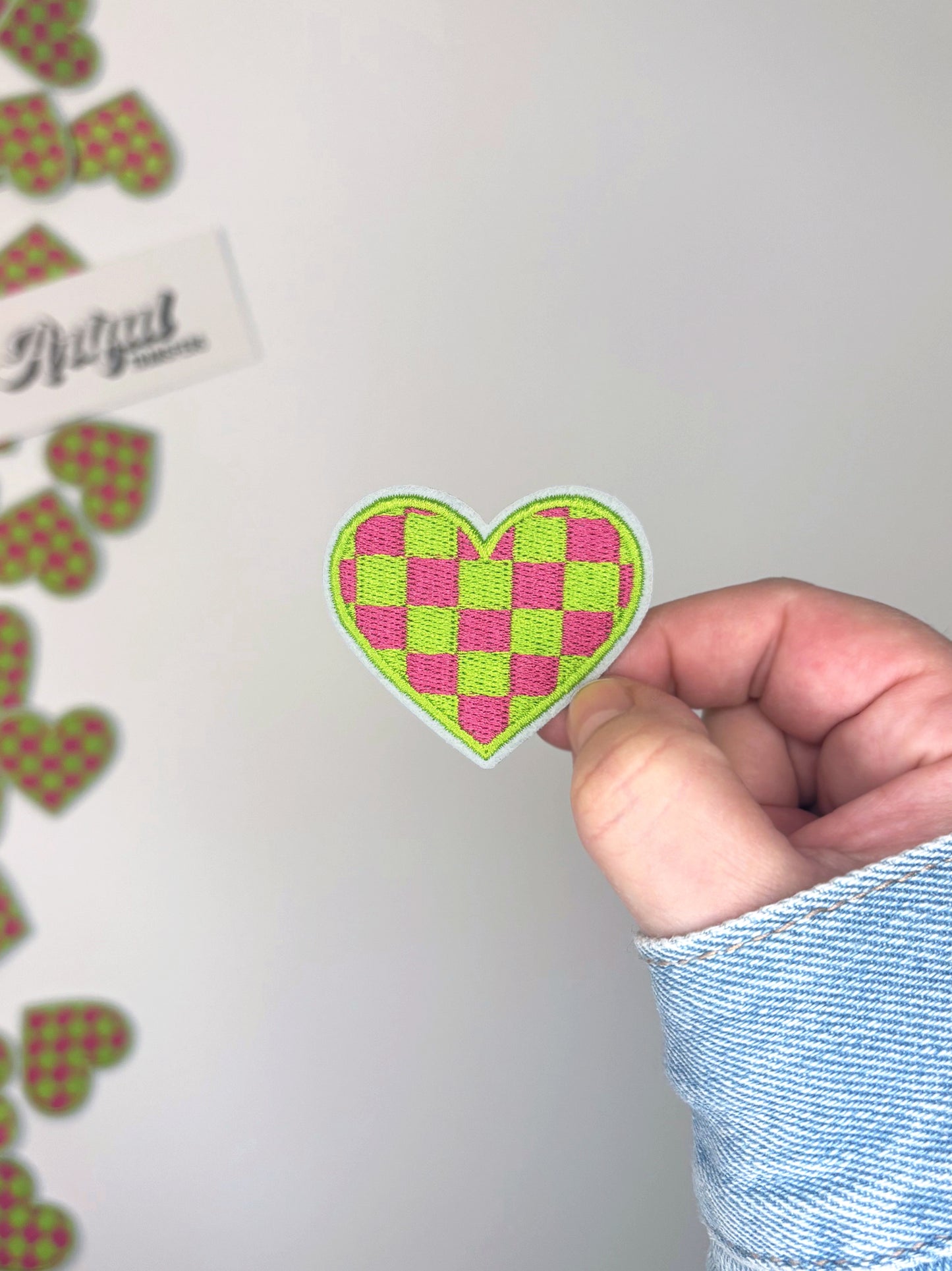 Checkered Heart in Pink & Green - Iron-on Patch