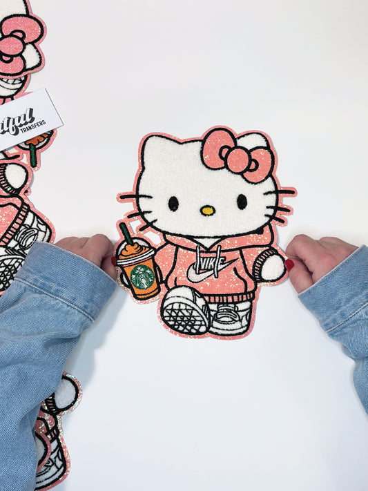 Hello Kitty with Cup & Sweatshirt - Chenille Patch with Glitter Details